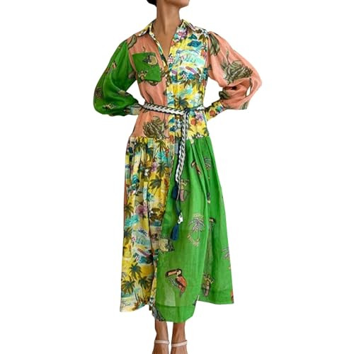 Wedding Guest Dresses,Farm Rio Dupes/Lookalikes Women Cute Print Maxi Cami Dress Loose Long Sleeve Boho Dress Flowy Graffiti Long Aline Wedding Guest Dress Tuckernuck Look Alike(Dark Green,M) | Amazon (US)
