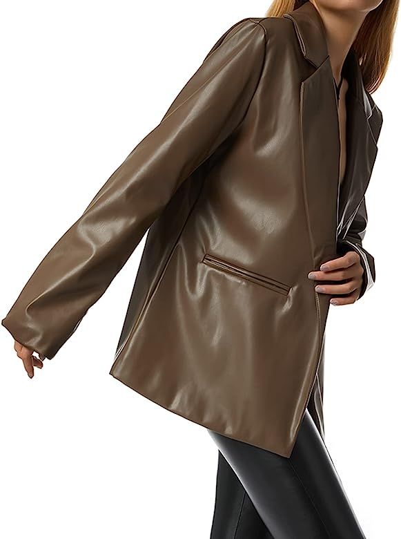 Womens Leather Blazer Coat, Long Sleeve Lapel Faux PU Leather Jacket Button Front Trench Coat | Amazon (US)