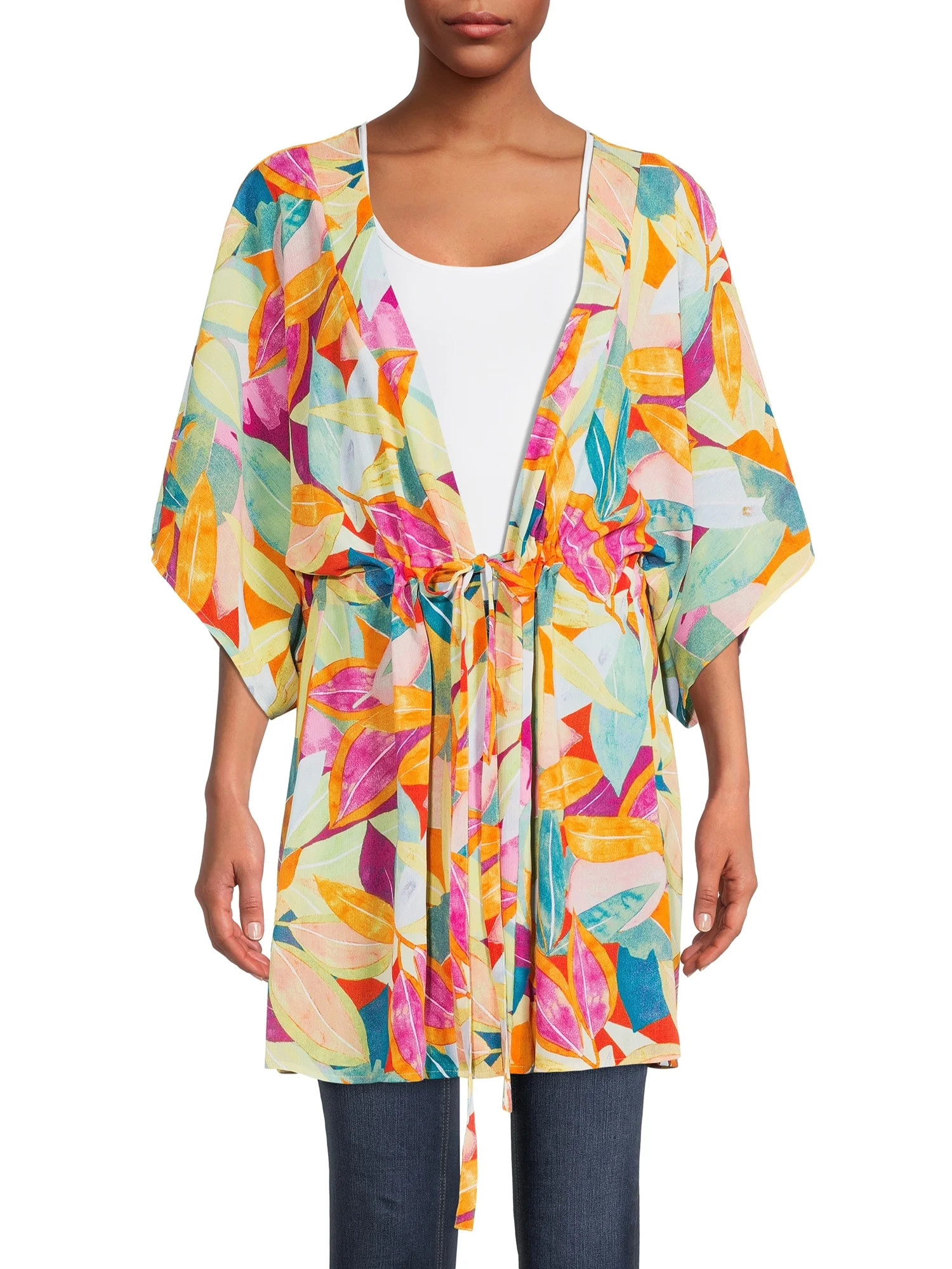 Time and Tru Women's TT Short Kimono, Adult Tie-Front Print Wrap, Women Adult Swim Kimono - Walma... | Walmart (US)
