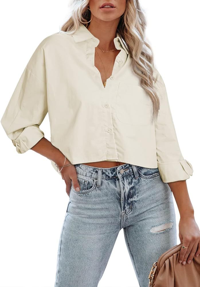 BLENCOT Damen Bluse Button Down Crop Shirts Oversized Langarm Casual Hemd Tops Einfarbig V-Aussch... | Amazon (DE)