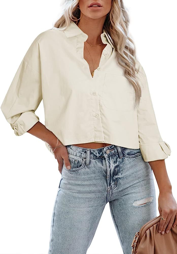 BLENCOT Damen Bluse Button Down Crop Shirts Oversized Langarm Casual Hemd Tops Einfarbig V-Aussch... | Amazon (DE)