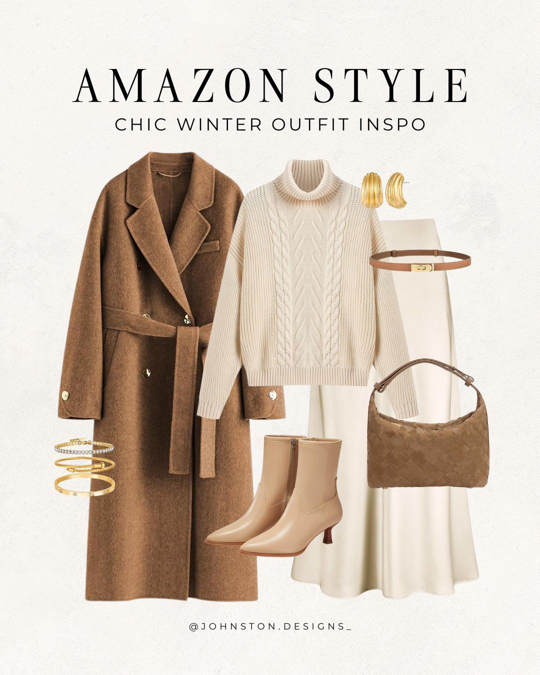 Ahic yet affordable Amazon winter outfit! Cozy knit sweater, satin skirt, long pea coat and elegant ankle boots make for a stylish and warm look. Winter outfit, winter style, cold weather, Amazon fashion. 
 

 #LTKootd #LTKSeasonal #LTKFindsUnder50