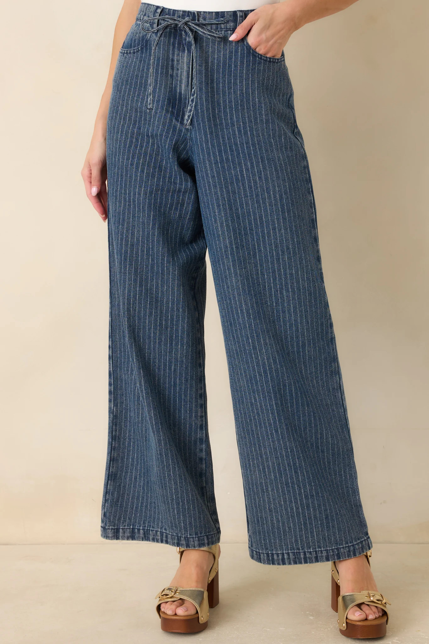 The County Line Indigo Stripe Cotton Denim Drawstring Pants | Red Dress