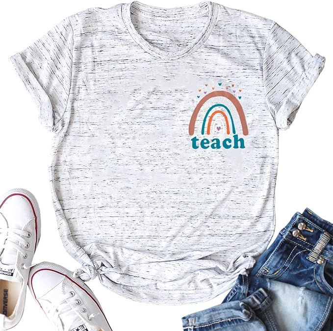 Teach T Shirt for Women Rainbow Tops Love Heart Print Teacher Tee Casual Short Sleeve Shirts Top | Amazon (US)