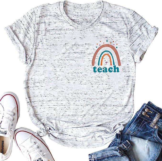 Teach T Shirt for Women Rainbow Tops Love Heart Print Teacher Tee Casual Short Sleeve Shirts Top | Amazon (US)