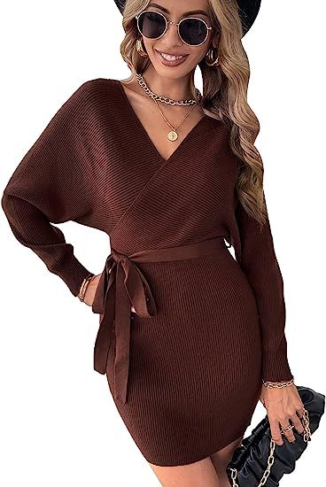 SheIn Women's Sweater Dress Batwing Long Sleeve Bodycon Dress V Neck Wrap Knit Mini Dress Tie Wai... | Amazon (US)