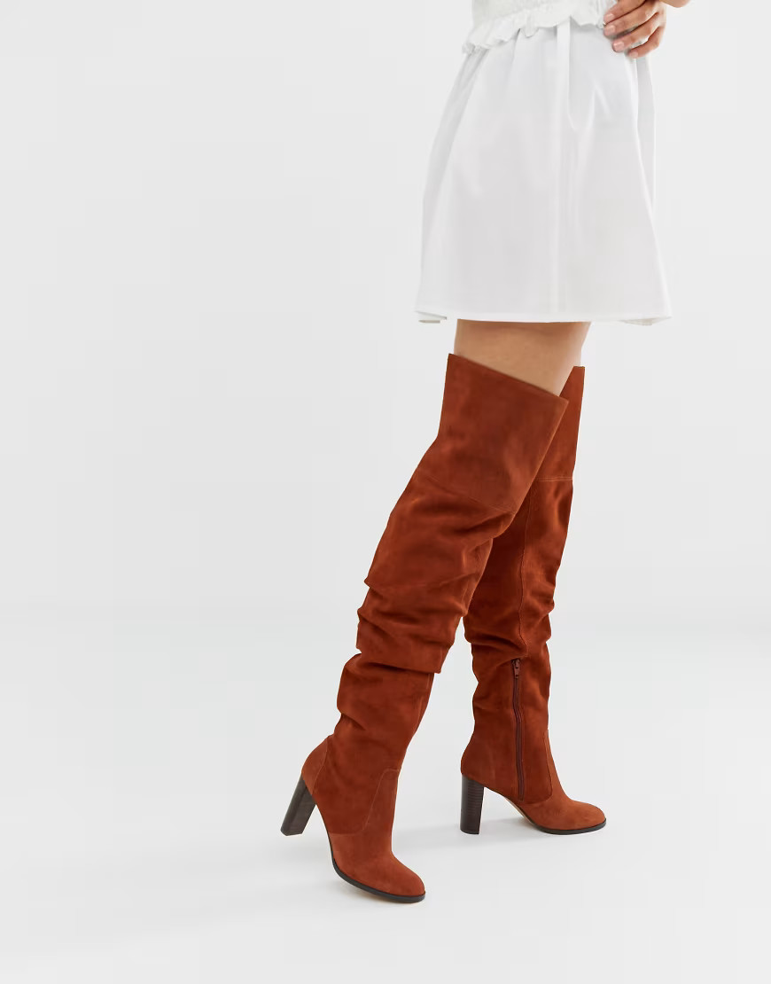 ASOS DESIGN Kentucky premium suede slouch thigh high boots in tan | ASOS (Global)