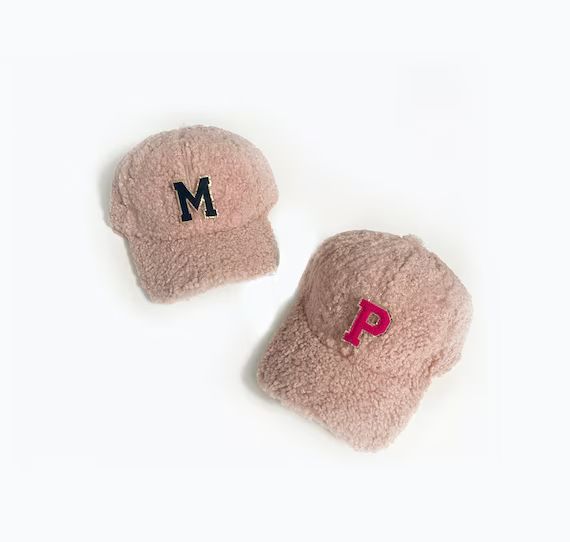 TEDDY BEAR CAPS <3 blush adult teddy sherpa material baseball cap hat with chenille initial patch | Etsy (US)