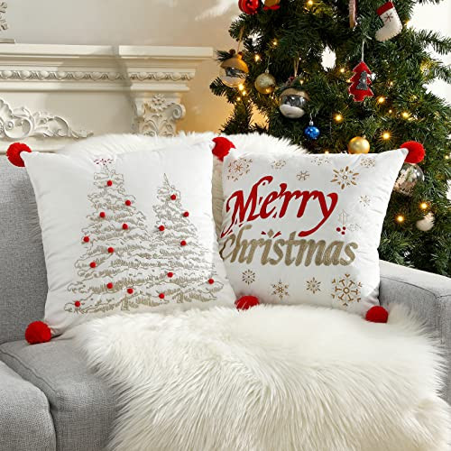 Lewondr Christmas Throw Pillow Covers, 2 Pack Christmas Letter Snowflake Christmas Tree Embroidery 18x18 Pillowcases Home Xmas Decorative Soft Cushion Covers for Sofa Bed Chair | Amazon (US)