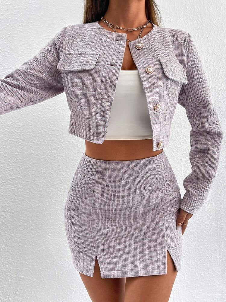 SHEIN PETITE Flap Detail Crop Overcoat & Split Hem Bodycon Skirt | SHEIN