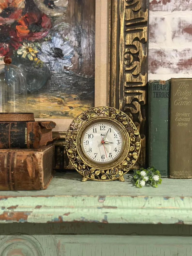Vintage Matson Electric Gold Mantel Clock W/ Gilt Floral Rose Design | MCM Vintage Home Decor - E... | Etsy (US)