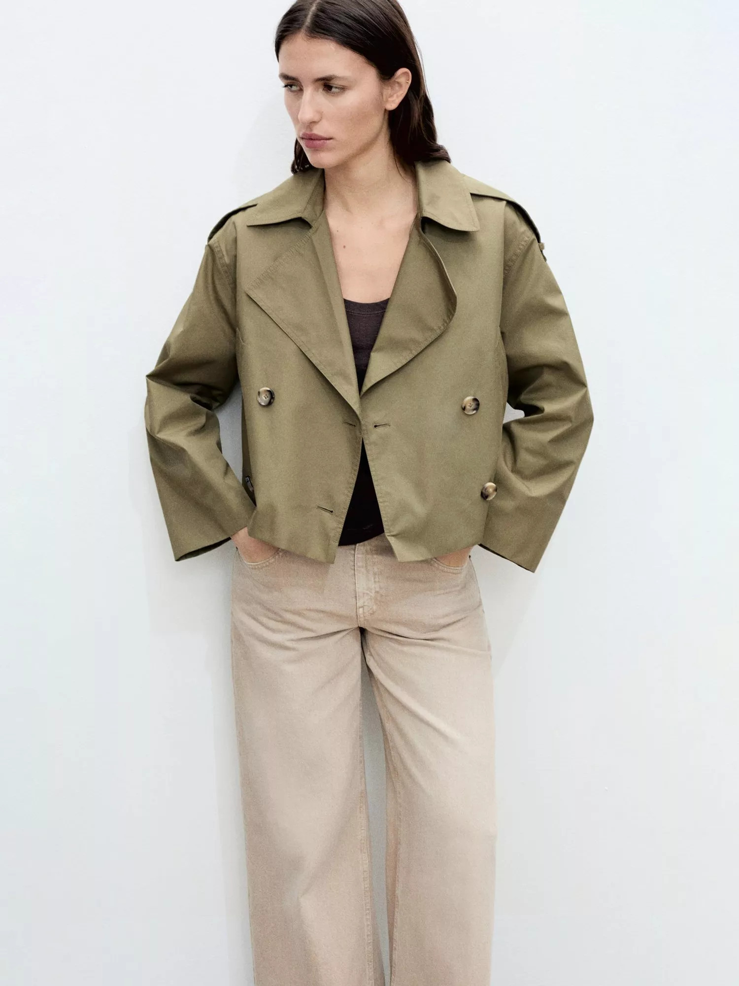 Mango Lipa Cropped Trench Jacket, Beige/Khaki | John Lewis (UK)