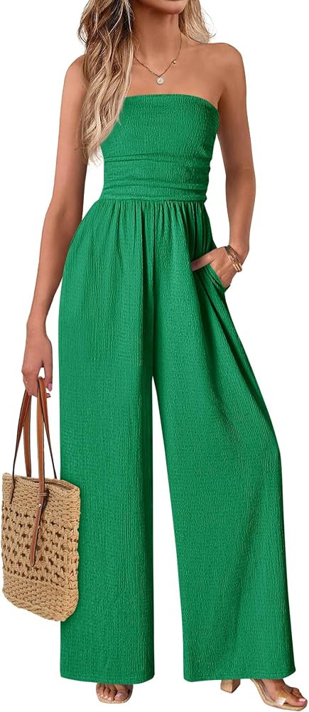 MASCOMODA One Piece Jumpsuits for Women Strapless Smocked Casual Rompers Long Pants with Pockets ... | Amazon (US)
