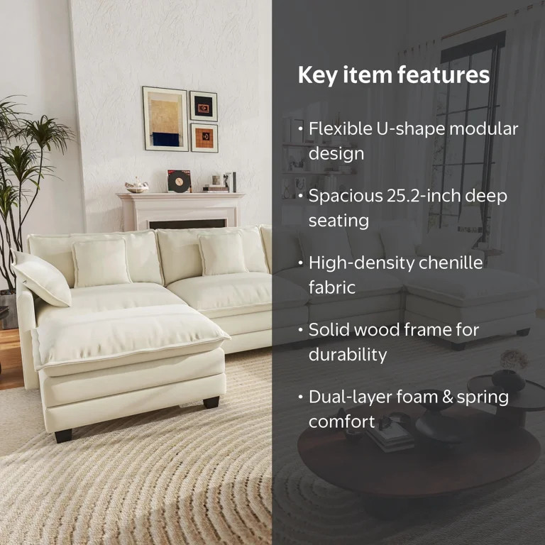 BedLuxury 146.5'' U shape Modular Sectional Sofa with Movable Ottomans, Modern Chenille Deep Seat... | Walmart (US)
