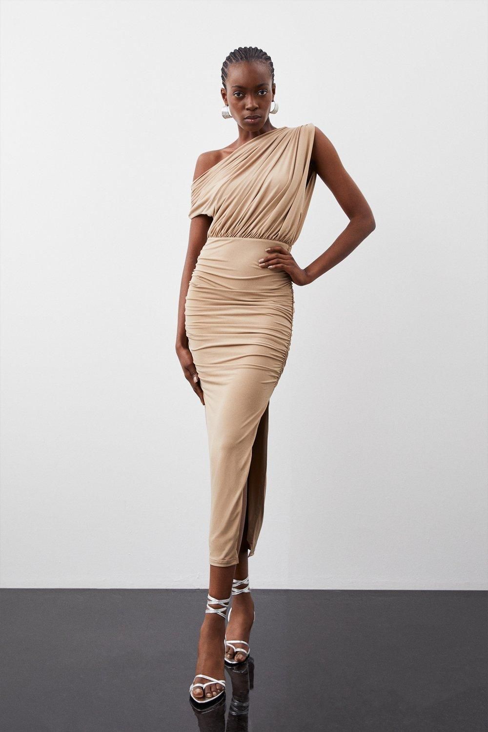 Jersey Crepe Asymmetric Neckline Maxi Dress | Karen Millen UK + IE + DE + NL