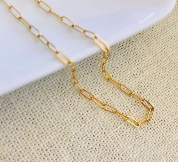 Gold Rectangle Paperclip Chain Choker Necklace, 14k Gold Filled Rectangle Chain Necklace, Gold Pa... | Etsy (US)