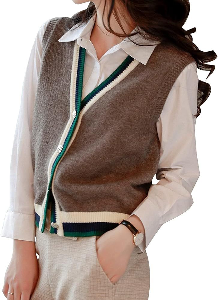 Women’s Casual Contrast Color V Neck Sweater Vest Button Down Sleeveless Sweater Vest | Amazon (US)