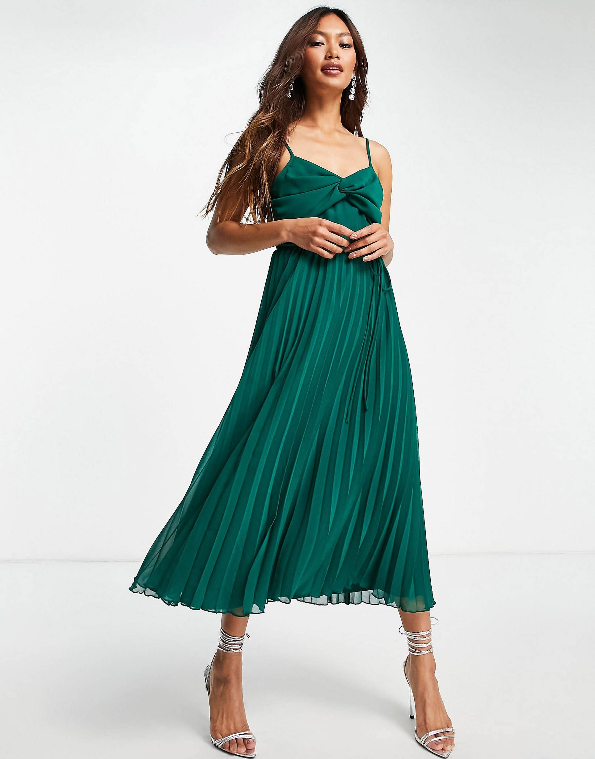 ASOS DESIGN twist front pleated cami midi dress with belt in forest green | ASOS (Global)