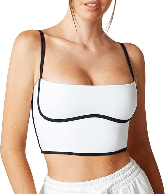 Move With You Sleeveless Spaghetti Strap Padded Sports Bra Tank Tops Square Neck Double Layer Wor... | Amazon (US)