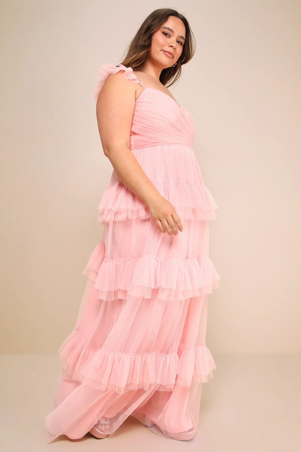 Pure Radiance Pink Mesh Swiss Dot Tiered Maxi Dress | Lulus