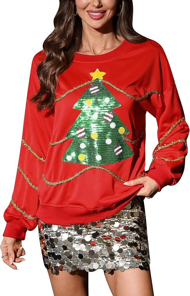 For G and PL Women's Christmas Sequin Sweatshirts Crewneck Long Sleeve Pullover Tops | Amazon (US)