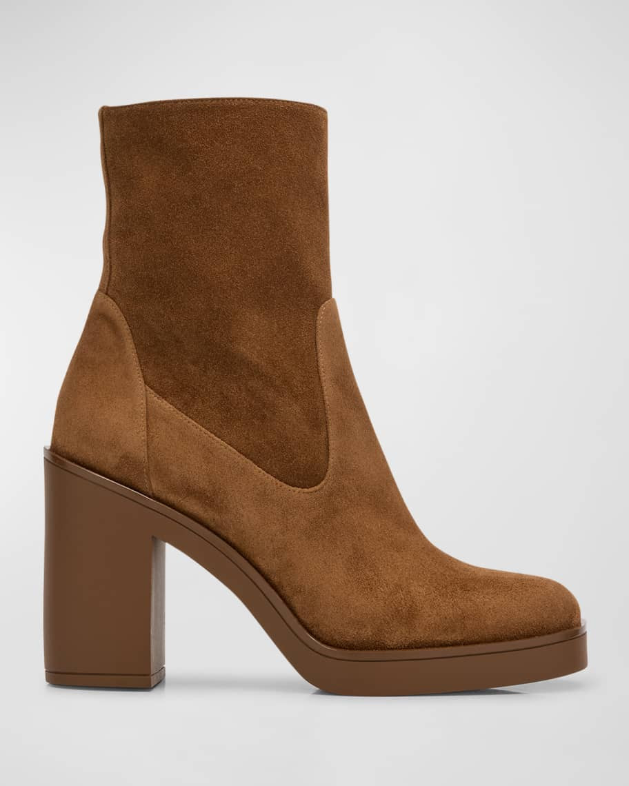 Stuart Weitzman Bethenny Zip Suede Block-Heel Boots | Neiman Marcus