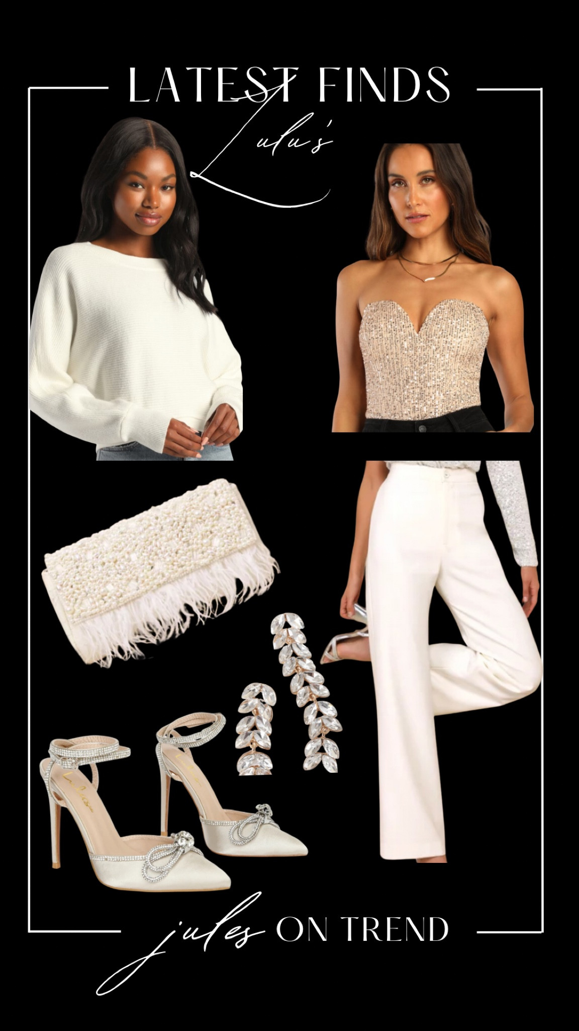 BOGO sale at Lulu’s on these outfits!!
Date night, holiday outfit or NYE outfit. These slacks would look great with this cropped pullover or this sequin bodysuit. Finish either look with this fun feather and pearl bag, bow heels, and these drop
Earrings. 

#LTKSeasonal #LTKParties #LTKHoliday
