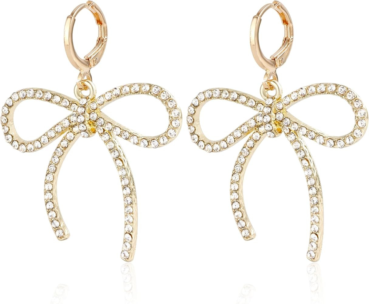 Bow Earrings for Women Trendy Sparkly Rhinestone Chain Tassel Earrings Cute Ribbon Stud Earring D... | Amazon (US)