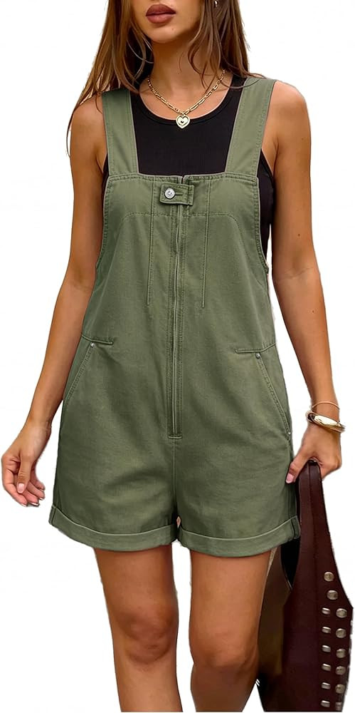 Denim Overall Shorts for Women 2026 Front Zip Closure Cuffed Hem Jean Romper Shortalls with 4 Poc... | Amazon (US)