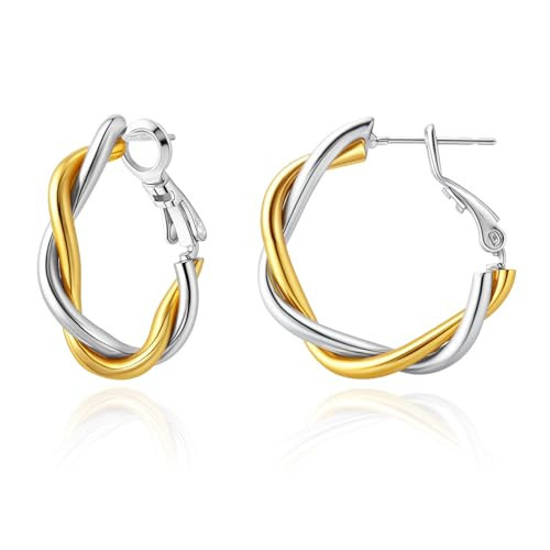 Hypoallergenic Two Tone Gold and Silver Hoop Earrings for Women, Lightweight Twisted Desgined, Mixed Metal with 925 Sterling Silver Post | Amazon (US)