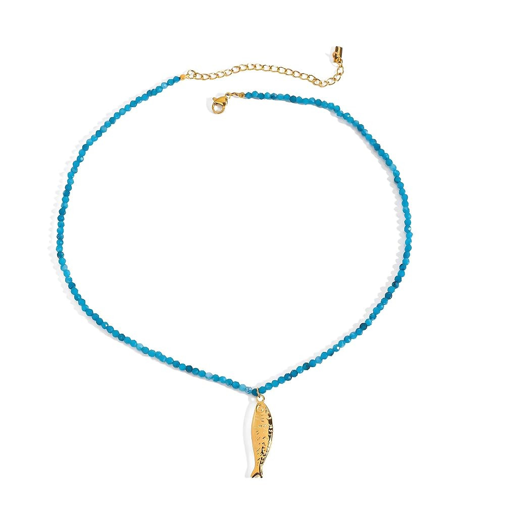 Boho Fish Necklace for Women - Blue Crystal Chain Sardine Pendant Necklaces, Bohemian Beach Jewel... | Amazon (US)