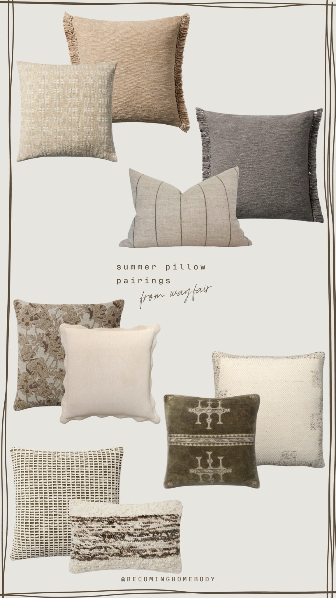 Summer pillow pairings from Wayfair 🤍 The prettiest neutral hues that still offer that light and airy element we’re all looking to embody in the summer! 🙌🏻🤎