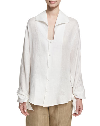 Linen Tie-Cuff Blouse, White | Bergdorf Goodman