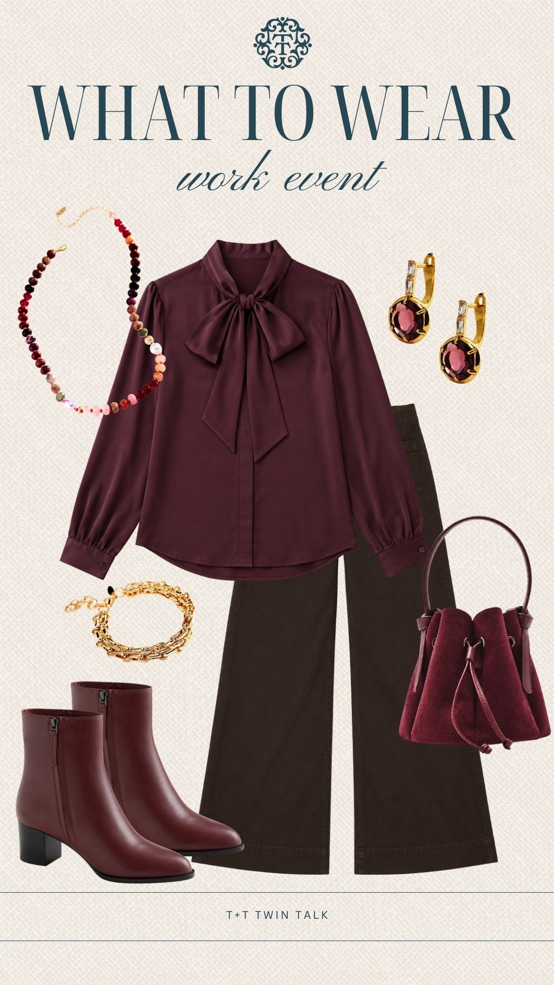T+T, what to wear! This Quince burgundy bow blouse paired with brown wide-leg pants, an Anthropologie bag, and matching burgundy boots is perfect for a work event. The gold jewelry and rich berry tones pull everything together for a polished fall look.

#LTKSeasonal #LTKOver40 #LTKMidsize