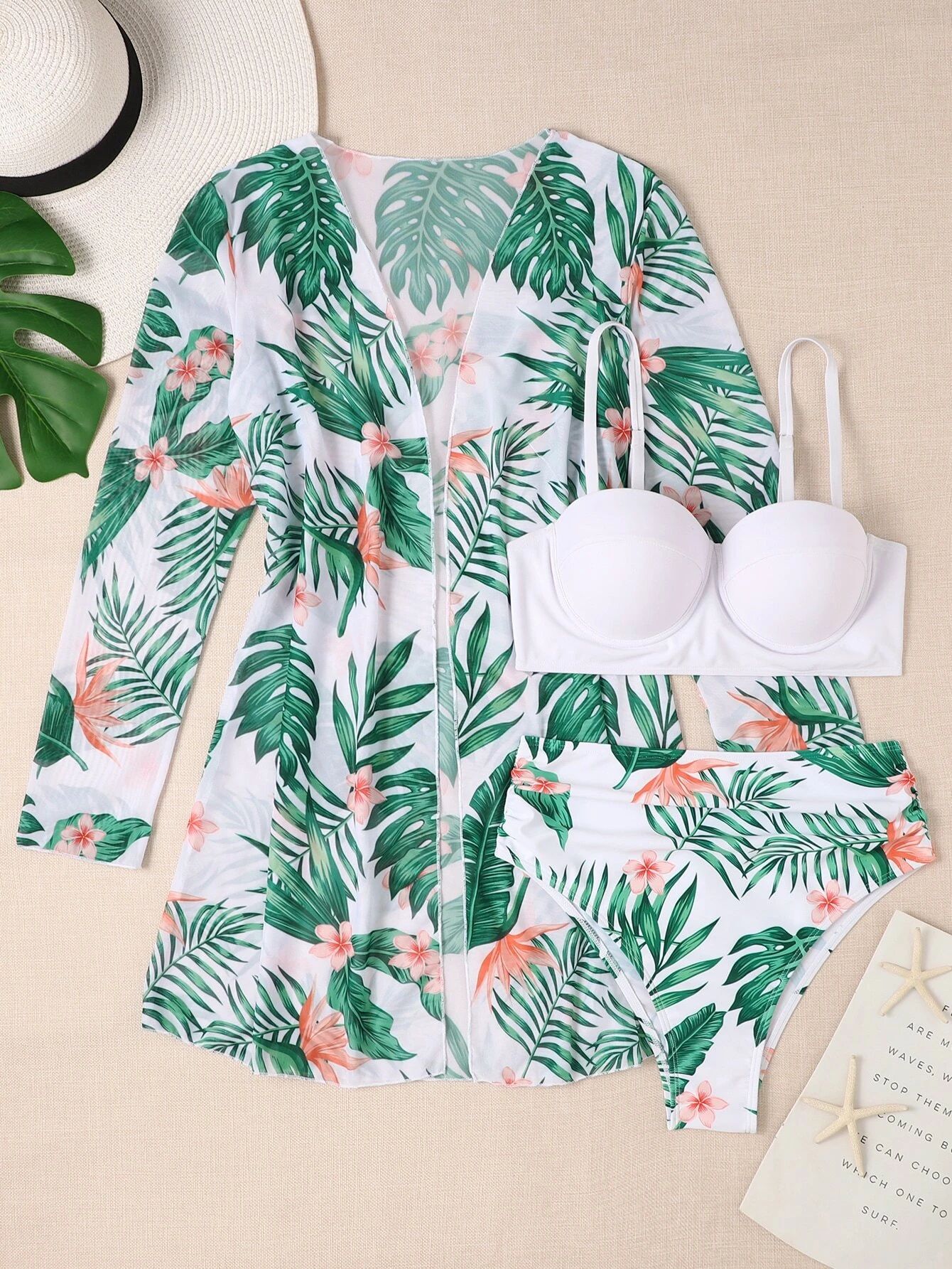 SHEIN Swim Vcay Tropical Print Bikini Set Push Up Bra & Hipster Bikini Bottom & Kimono 3 Piece Sw... | SHEIN