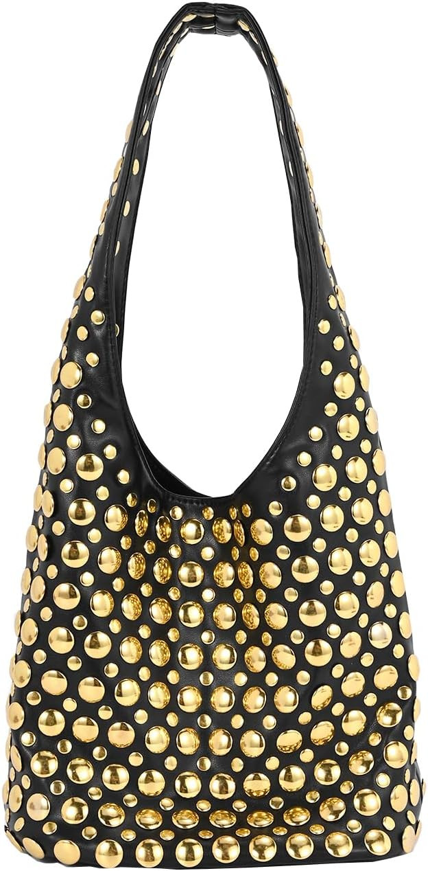 Stylish Studded Hobo Bag Y2K Rivets Bucket Purse for Women Trendy Small Shoulder Tote Handbag | Amazon (US)