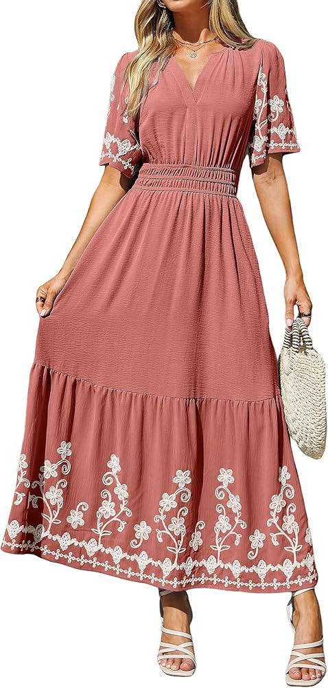 Simplee Women Summer Maxi Dress Formal Short Sleeve Embroidery Floral Boho Wedding Guest Tea Part... | Amazon (US)