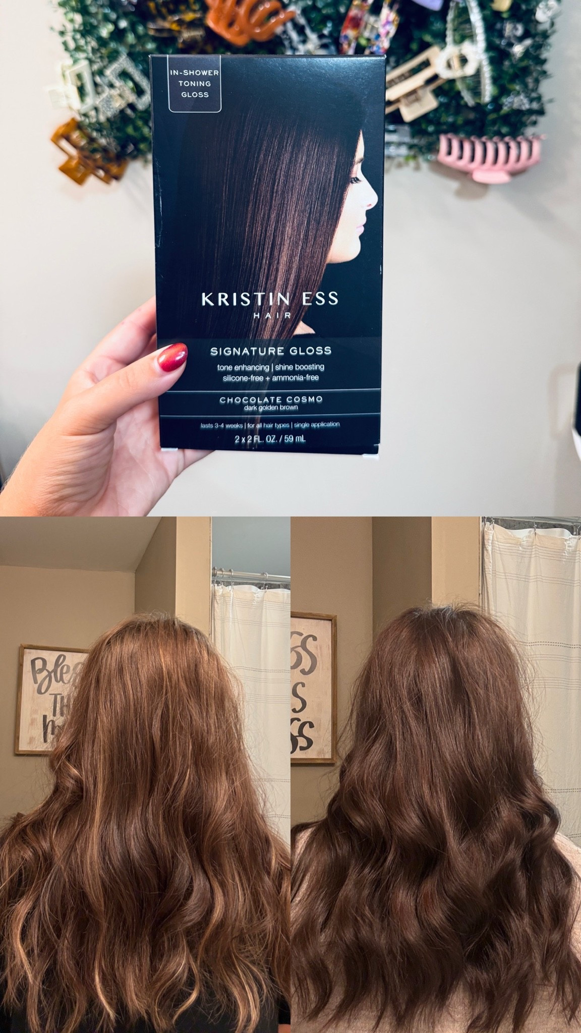 I was getting the itch to change my hair (aka chop it) so I decided to do this Kristin Ess gloss again. It’s super user friendly & so affordable, plus it makes my hair feel so silky soft (& it’s not permanent color). The left is my before picture, the right is my after.