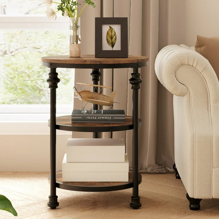 End Table 3-Tier Round Side Table Living Room Accent Table with Storage Shelf and Metal Industria... | Walmart (US)