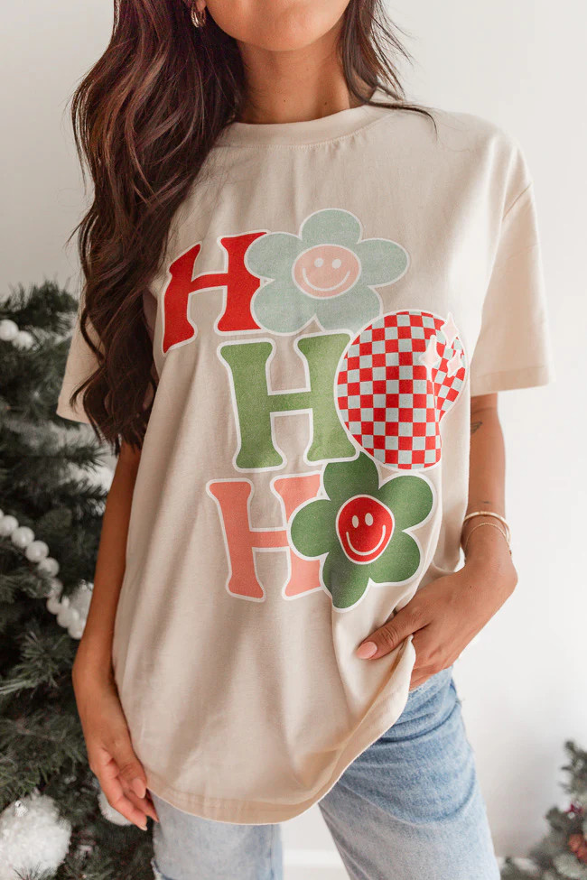 Ho Ho Ho Retro Ivory Oversized Graphic Tee | Pink Lily