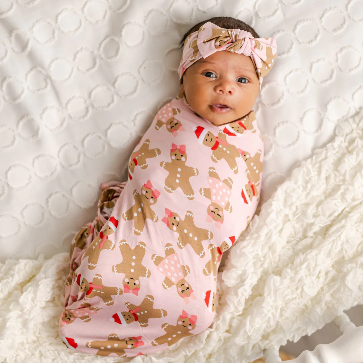 Pink Gingerbread Bamboo Viscose Swaddle + Headband Set | Little Sleepies