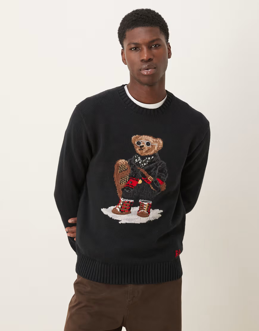 Polo Ralph Lauren unisex holiday bear cotton blend knit jumper in black | ASOS (Global)