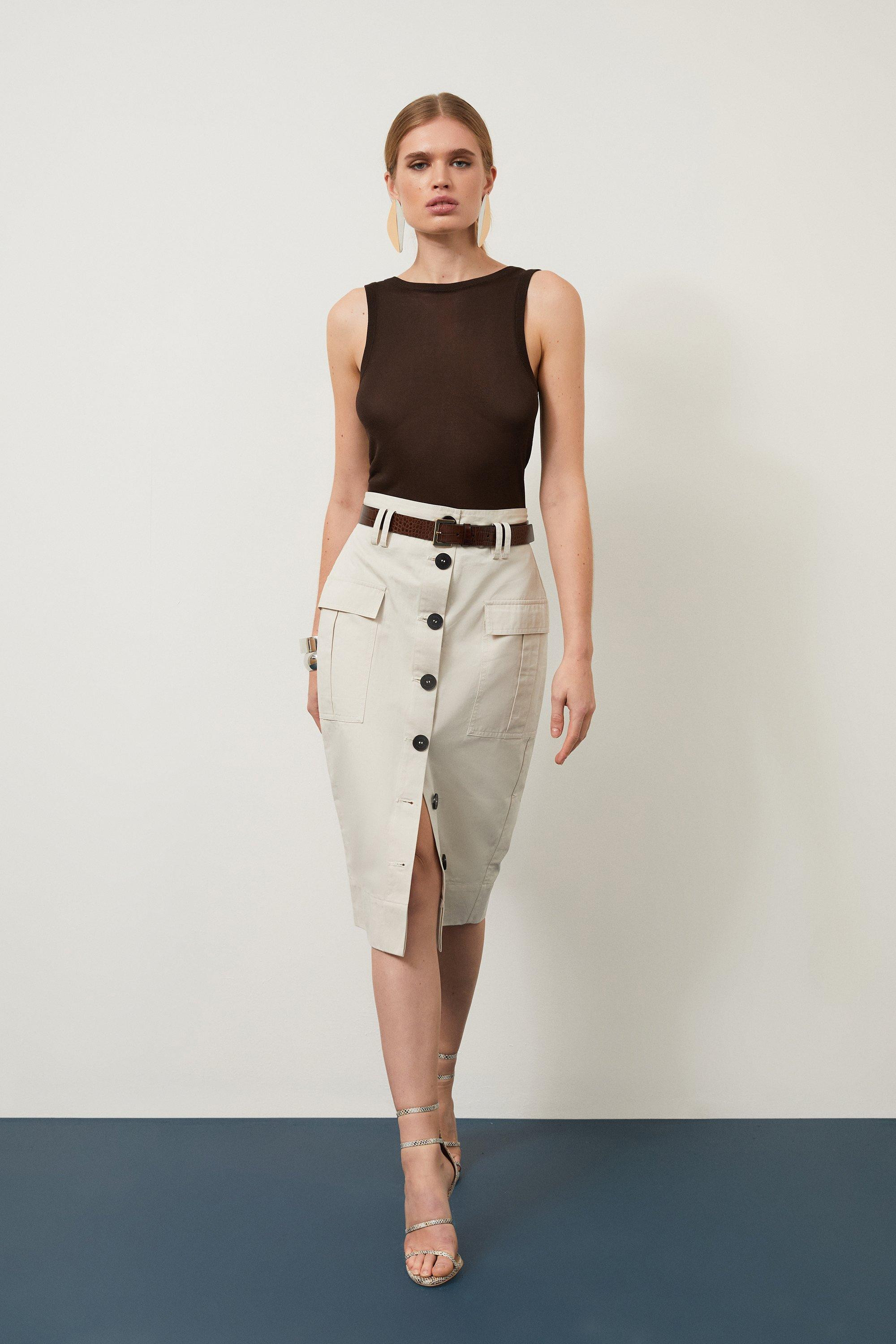 Petite Cotton Canvas Cargo Pocket Button Front Belted Midi Skirt | Karen Millen US