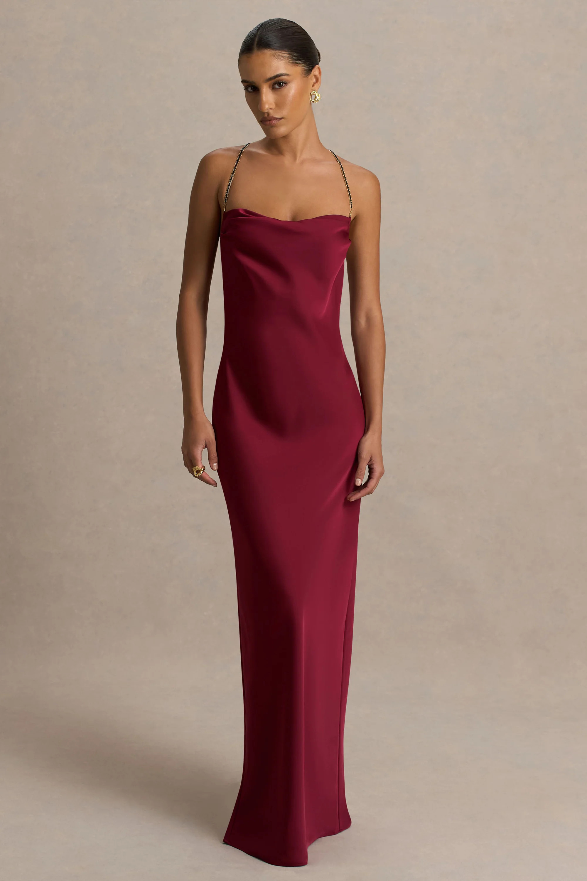 Cher | Burgundy Satin Square-Neck Maxi Dress With Embellished-Detailed Open-Back | Club L London
