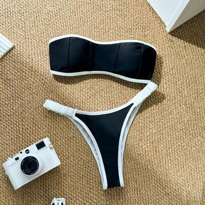 Women's Contrast Binding Ruched Bandeau Bikini Swimwear Set, For Summer Beach Vacation | SHEIN