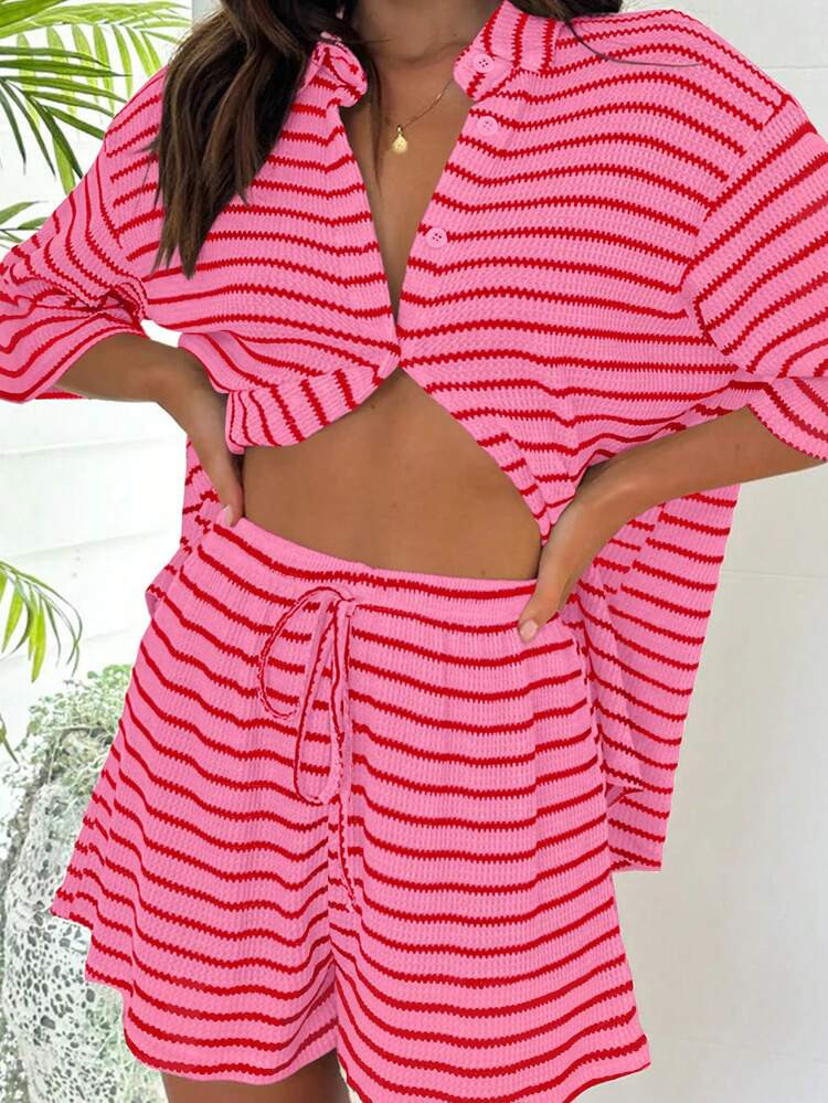 Knit Casual Striped Sports Tracksuit, Including Turndown Collar Button-Up Shirt Top & Elastic Waist Loose Shorts Set, Suitable For Daily Wear, Home, Travel, Business, Beach For Spring/Summer Pink | SHEIN