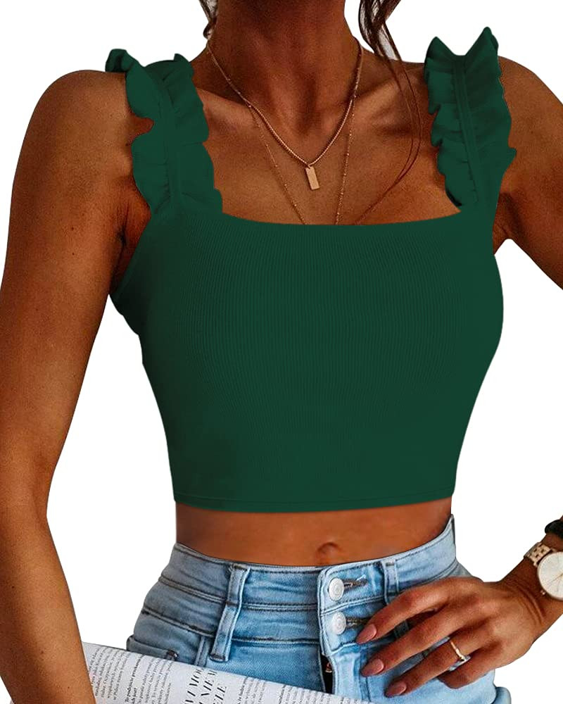 CLOZOZ Cute Crop Tops for Women Tank Tops Ribbed Ruffle Strap Square Neck Womens Trendy Going Out... | Amazon (US)