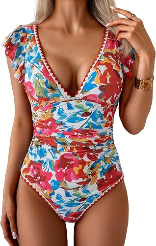 Women's One Piece Ruffle Swimsuit Tummy Control Bathing Suit V Neck Shell Stitched Swim Suit Slim... | Amazon (US)
