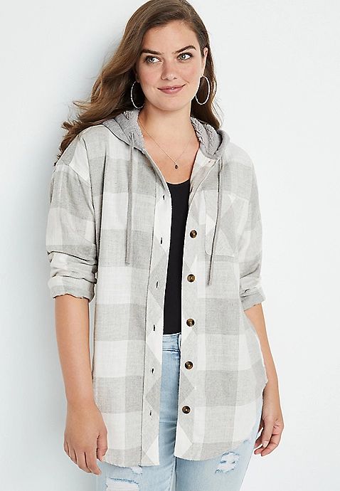 Cabin Buffalo Plaid Gray Boyfriend Hooded Flannel | Maurices