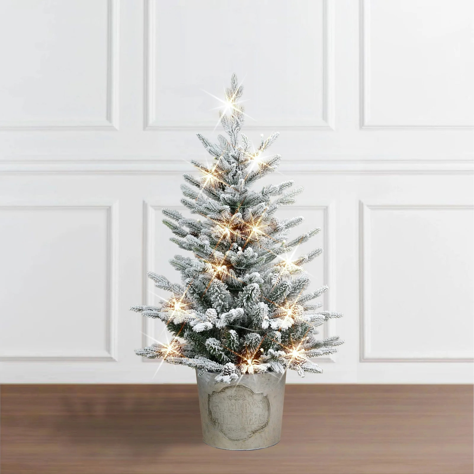 3 ft Pre-lit Potted Flocked Tree with Warm White LED Lights | Pier 1